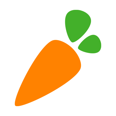 A simple, stylized illustration of an orange carrot with three green leaves at the top, shown against a transparent background.