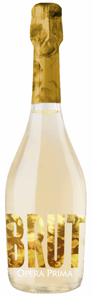A clear glass bottle of sparkling wine labeled BRUT OPERA PRIMA, with gold foil wrapping the neck and a gold and white label on the lower part—a refined choice among sparkling wines.