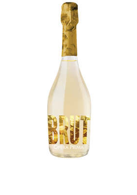 A bottle of sparkling wine with gold foil on the neck and the word BRUT in bold gold letters on the label. The bottle is set against a plain white background.