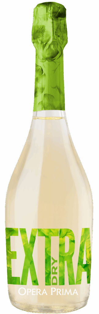 A bottle of Opera Prima Extra Dry sparkling wine with a green foil-covered neck and large green text reading EXTRA DRY on the front label, perfect for lovers of sparkling wines.