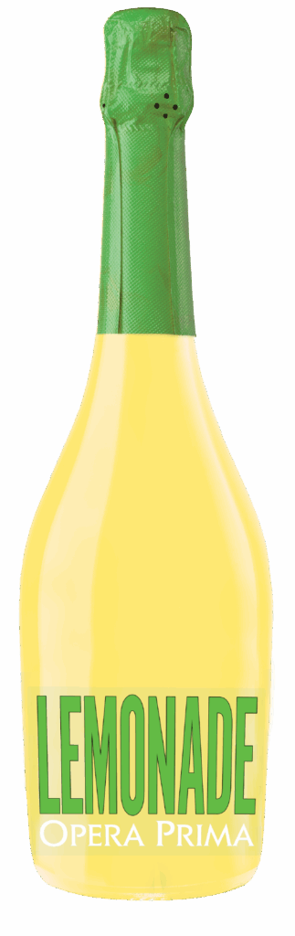A yellow bottle labeled “LEMONADE” in large green letters with “Opera Prima” in white below, featuring a green foil-wrapped neck, resembles bottles used for sparkling wines.