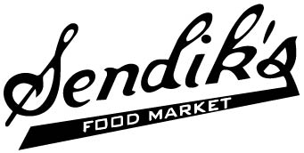 Black and white logo featuring the stylized cursive text Sendiks above a black, slanted rectangle containing the words FOOD MARKET in all capital letters.