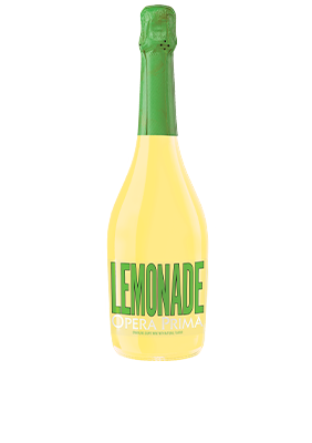 A bottle with a green foil top and a yellow label that reads LEMONADE OPERA PRIMA. The word LEMONADE is also displayed in large text below the bottle, reminiscent of the refreshing look often seen in sparkling wines. The background is light gray.