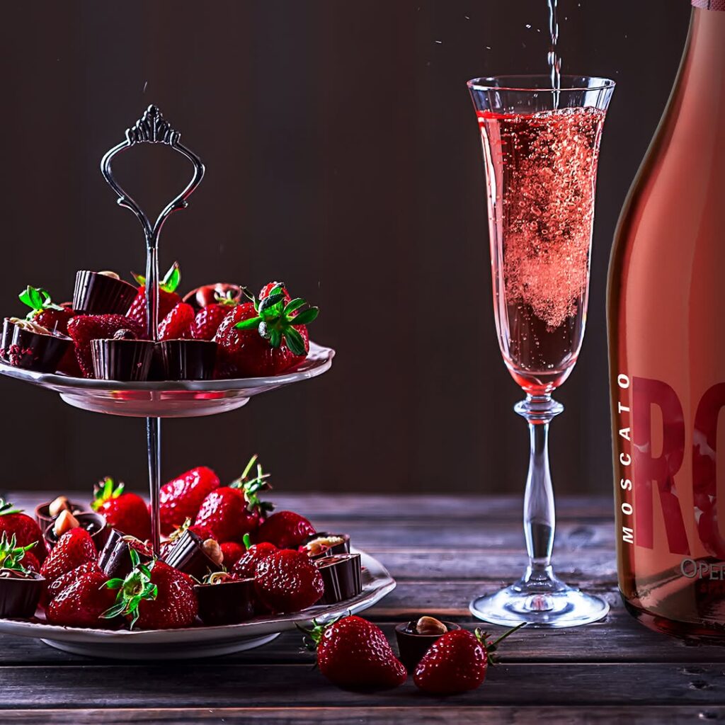 A two-tiered tray with strawberries and chocolates (Moscato Cocktail) sits beside a tall glass of sparkling rosé and a rosé wine bottle on a wooden table.