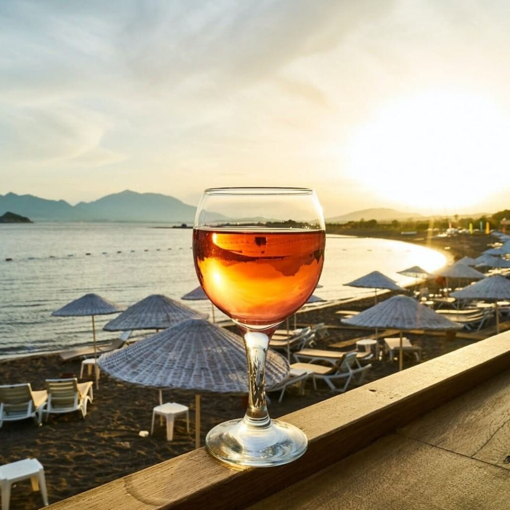A glass of rosé sparkling wine sits on a wooden railing, overlooking a beach with lounge chairs and umbrellas at sunset. The sun reflects through the wine, creating a warm glow.