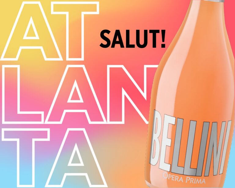 A bottle labeled BELLINI is shown against a colorful background with the word ATLANTA in large letters and SALUT! in bold black text.